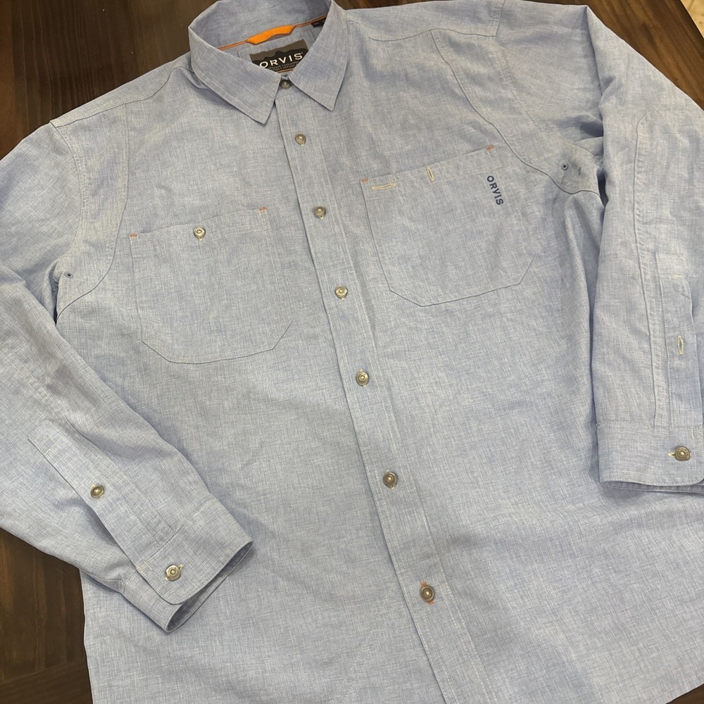 Orvis Active Fit Shirt Mens XL Blue  Solid Long Sleeve Button Down Fishing